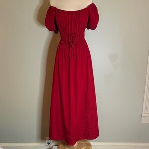 Cherry Red Cotton Maxi Dress with Double Smocked Waist